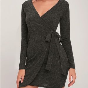Charcoal Grey Ribbed Long Sleeve Wrap Dress